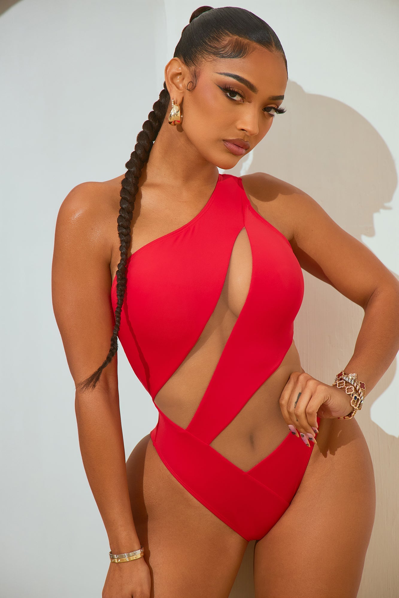 Crashing Waves Illusion Mesh Cutout 1 Piece Swimsuit - Red