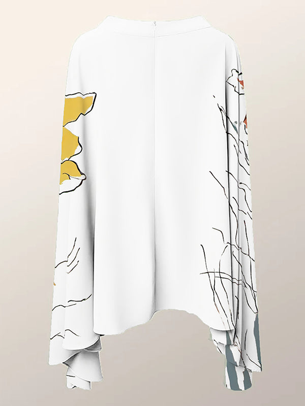 Batwing Sleeves Loose Flower Print Zipper Mock Neck Blouse