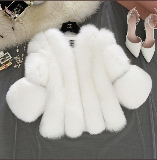 Classy Short Stitching Artificial Faux Fur Coat