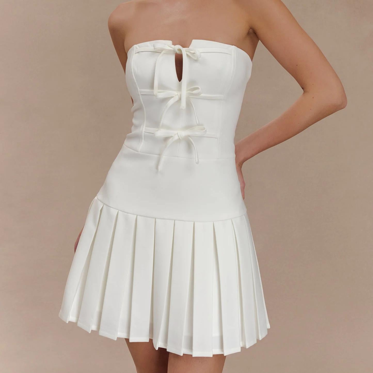 Sexy Bow Lace up Cutout Tube Top A Line Pleated Dress