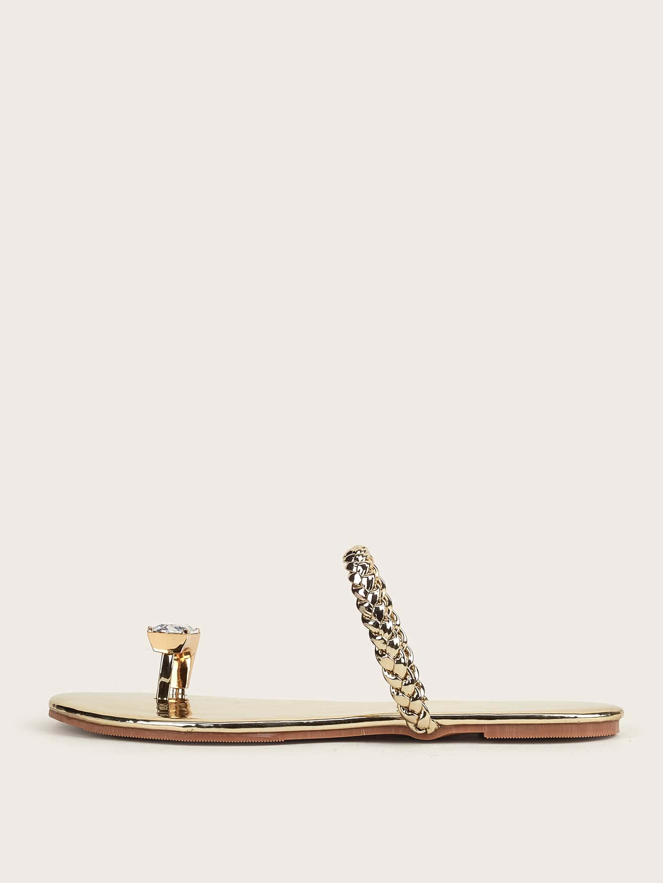 Metallic Rhinestone Decor Braided Thong Sandals, Gold Party Rhinestone Solid Color Women's Flat Sandals