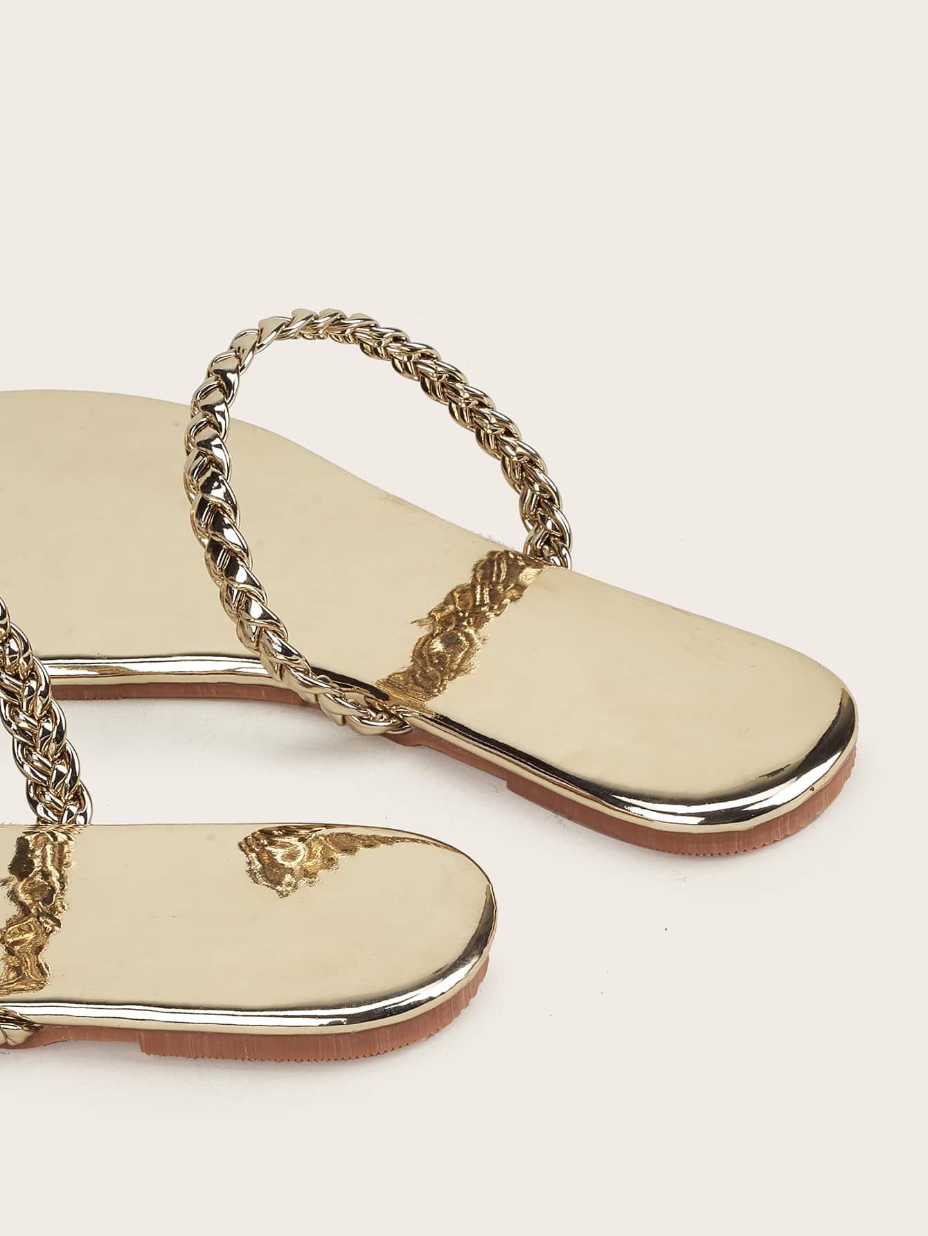 Metallic Rhinestone Decor Braided Thong Sandals, Gold Party Rhinestone Solid Color Women's Flat Sandals