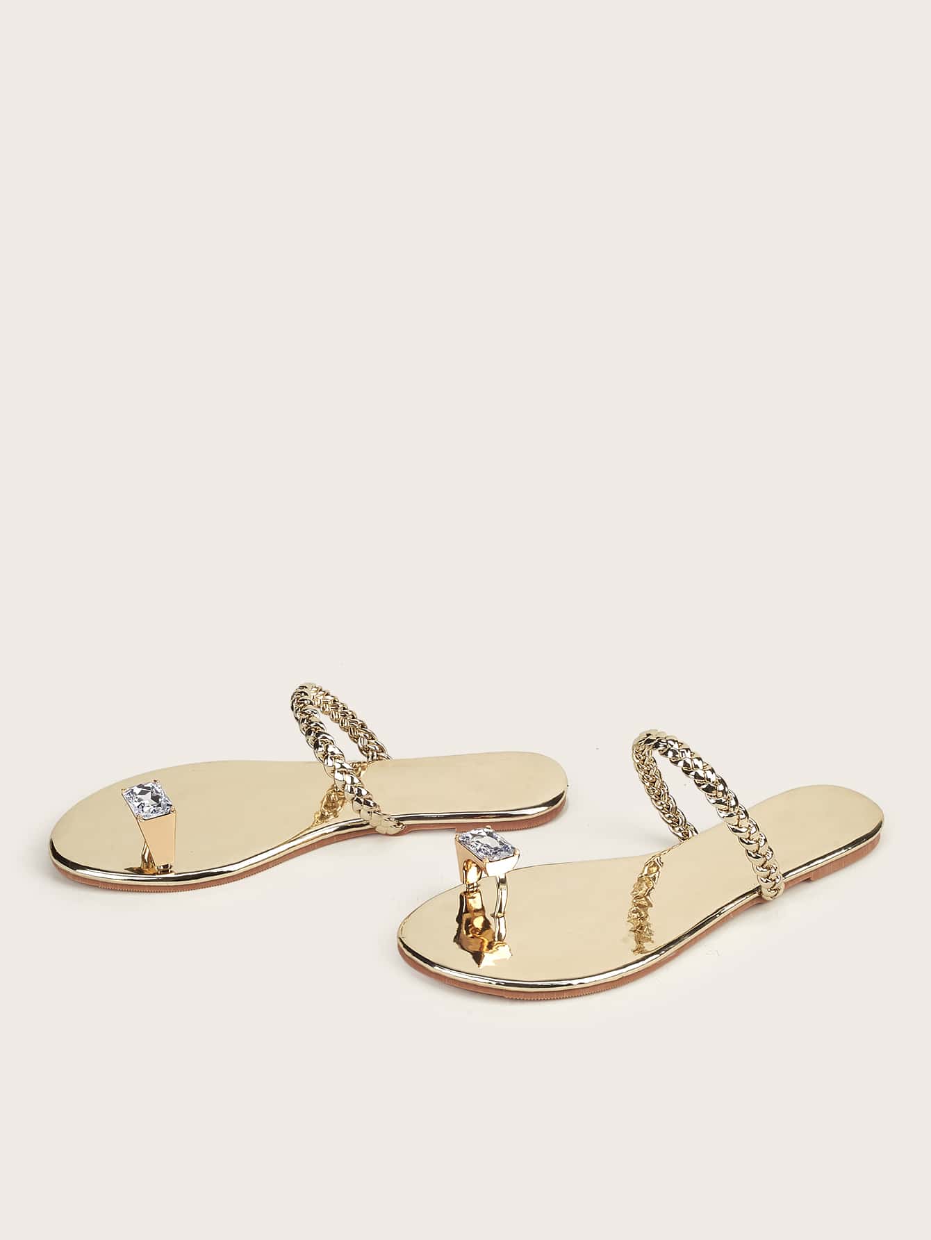 Metallic Rhinestone Decor Braided Thong Sandals, Gold Party Rhinestone Solid Color Women's Flat Sandals