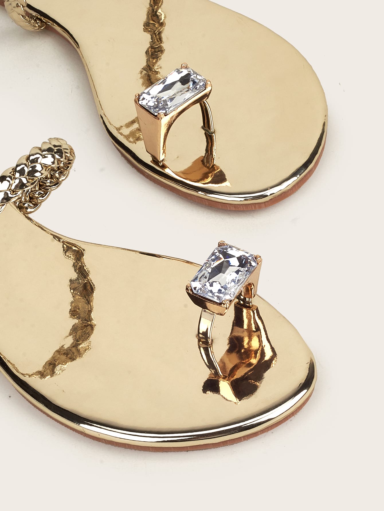 Metallic Rhinestone Decor Braided Thong Sandals, Gold Party Rhinestone Solid Color Women's Flat Sandals