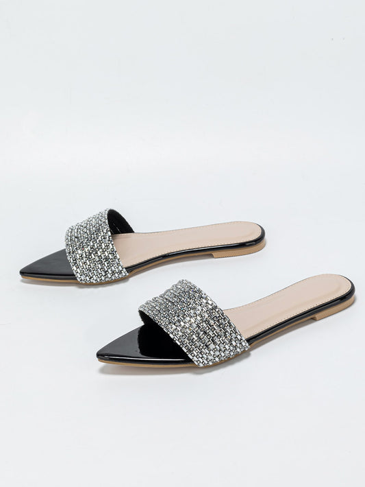 Glamorous Flat Slippers With Rhinestone Decor Glass Point Open Toe Slide Sandals