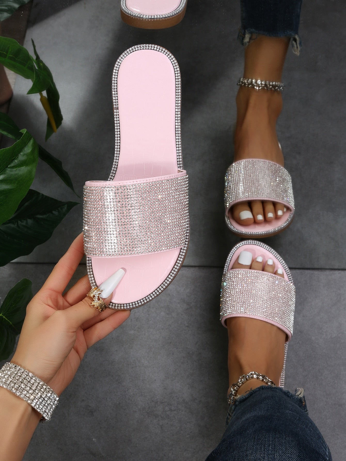 Women Metallic Crocodile Embossed Rhinestone Decor Slide Sandals, Glamorous Summer Flat Sandals
