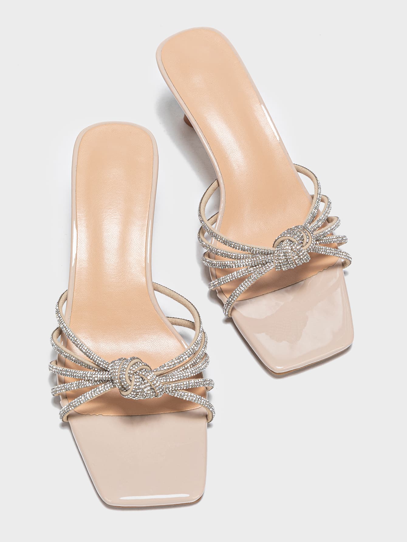 Women Rhinestone & Knot Decor Stiletto Heeled Mule Sandals, Glamorous Party Glass Heeled Sandals