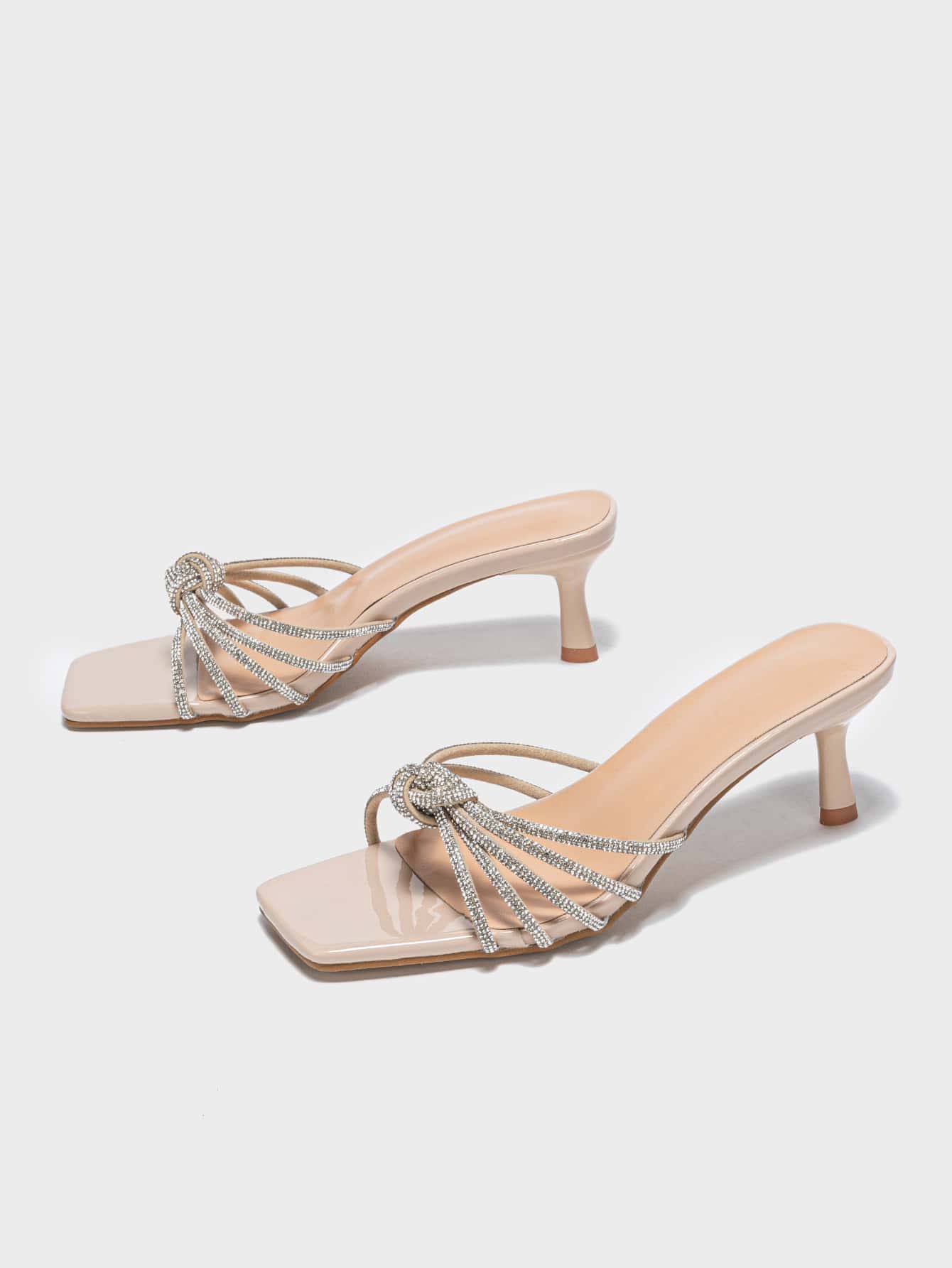 Women Rhinestone & Knot Decor Stiletto Heeled Mule Sandals, Glamorous Party Glass Heeled Sandals