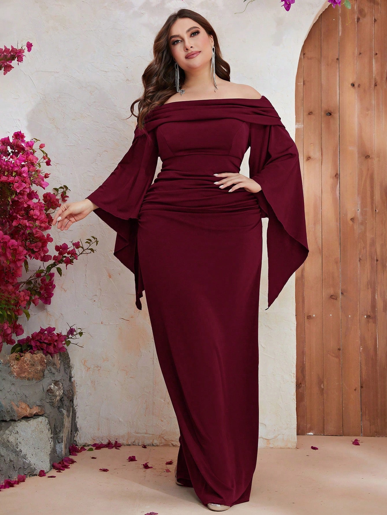 Giffniseti Plus Off Shoulder Ruched Split Sleeve Dress Black Elegant Long Sleeve Formal Evening Prom Wedding Guest Gown, For Graduation, Dinner