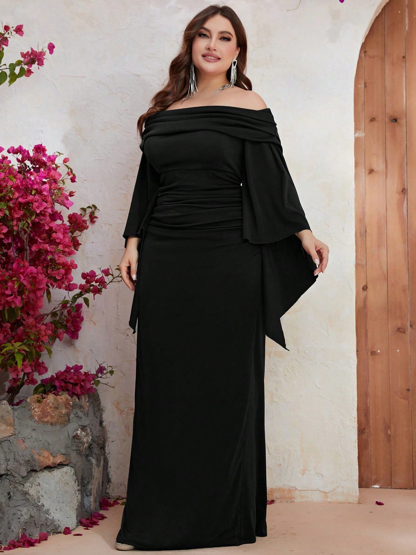 Giffniseti Plus Off Shoulder Ruched Split Sleeve Dress Black Elegant Long Sleeve Formal Evening Prom Wedding Guest Gown, For Graduation, Dinner