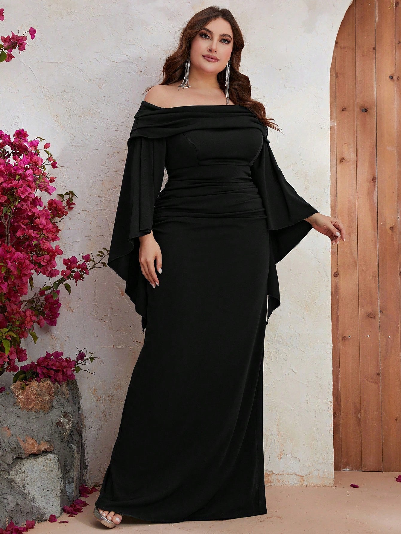 Giffniseti Plus Off Shoulder Ruched Split Sleeve Dress Black Elegant Long Sleeve Formal Evening Prom Wedding Guest Gown, For Graduation, Dinner