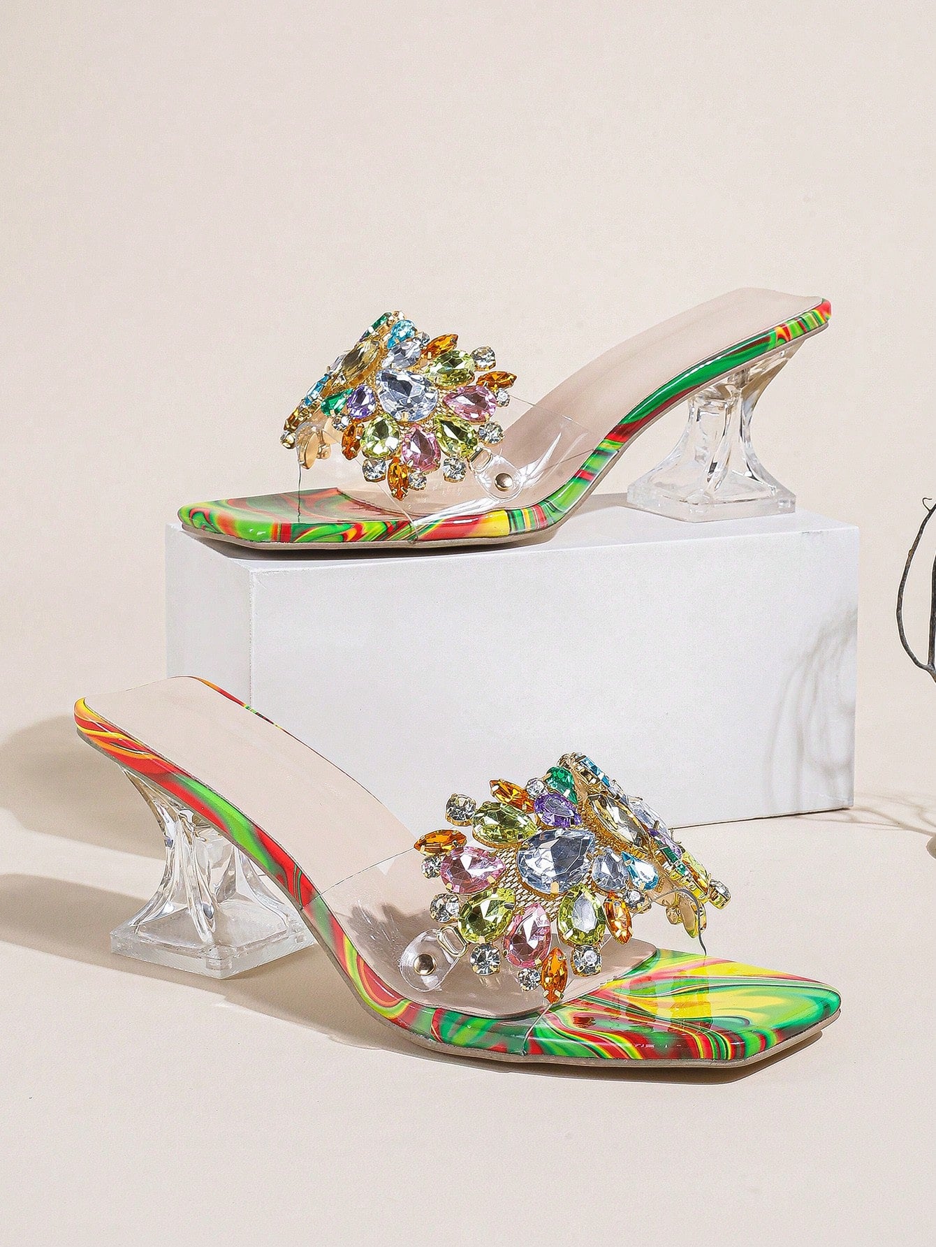 Jewelled Decor Clear Sculptural Heeled Mule Sandals, Ladies' Gold High Heel Sandals With Jewel Detail And Unique Heel