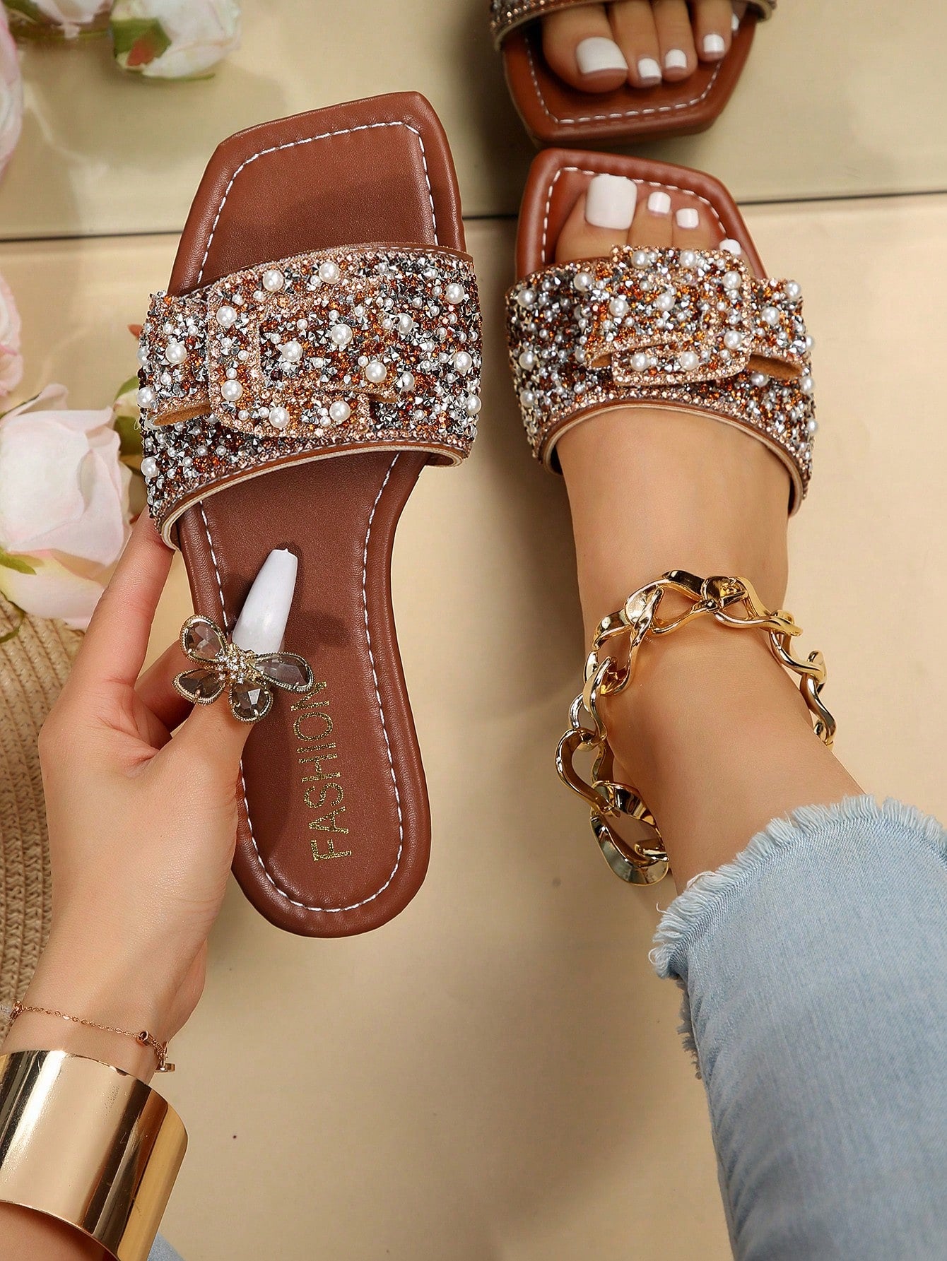 Women Rhinestone & Faux Pearl Decor Flat Sandals, Glamorous Glass Slide Sandals For Outdoor