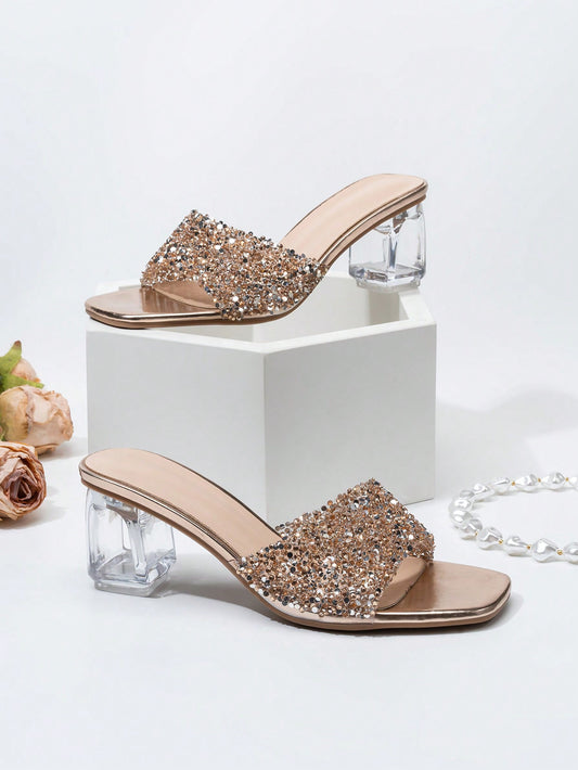 Women Rhinestone Decor Clear Chunky Heeled Mule Sandals, Glamorous Gold Glass Heeled Sandals