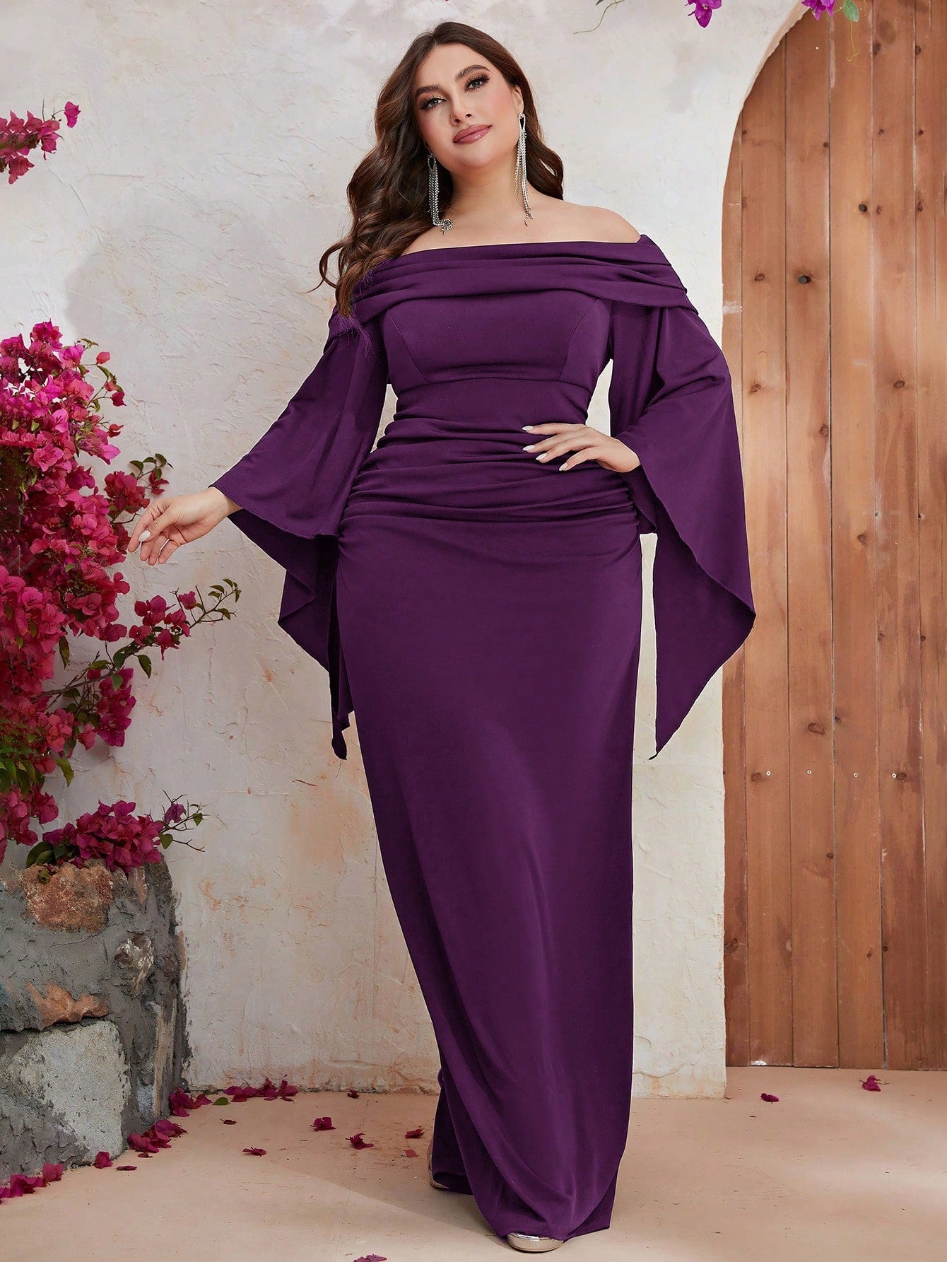 Giffniseti Plus Off Shoulder Ruched Split Sleeve Dress Black Elegant Long Sleeve Formal Evening Prom Wedding Guest Gown, For Graduation, Dinner
