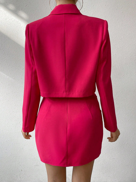 Ladies' Lapel Solid Color Long Sleeve Blazer And Skirt Set