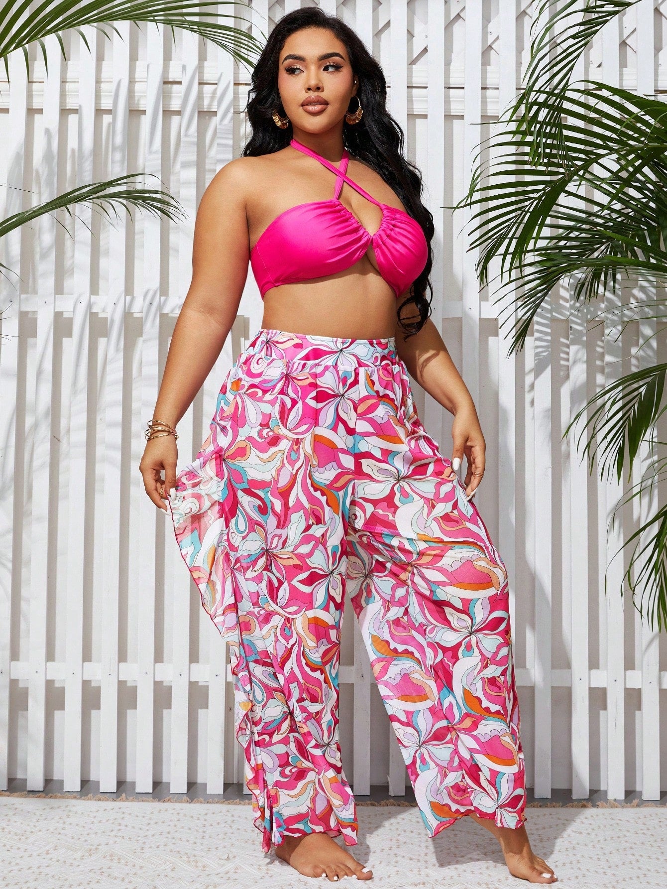Women's Plus Size Printed Swimwear Set, Bikini Swimsuit With Cover Up Pants Bathing Suit Beach Outfit Summer Vacation