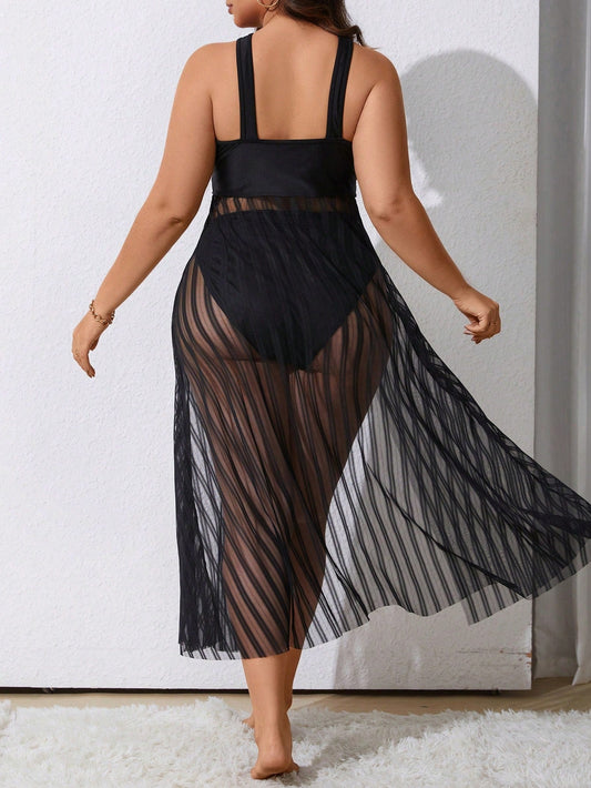 Plus Size Monochrome Tankini Swimsuit Set With Split Longline with Sheer Mesh Overlay