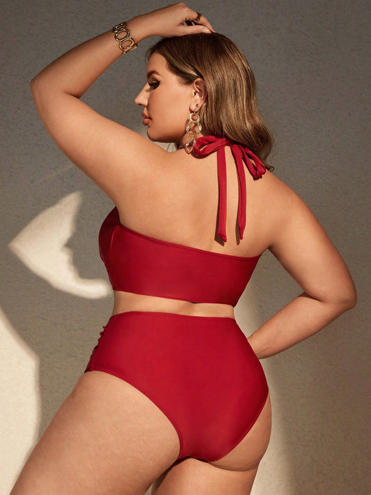 Plus Size Solid Color Ruched Swimsuit Set, High Waisted Two Piece Bikini Swimwear Bathing Suit Beach Outfit Summer Vacation
