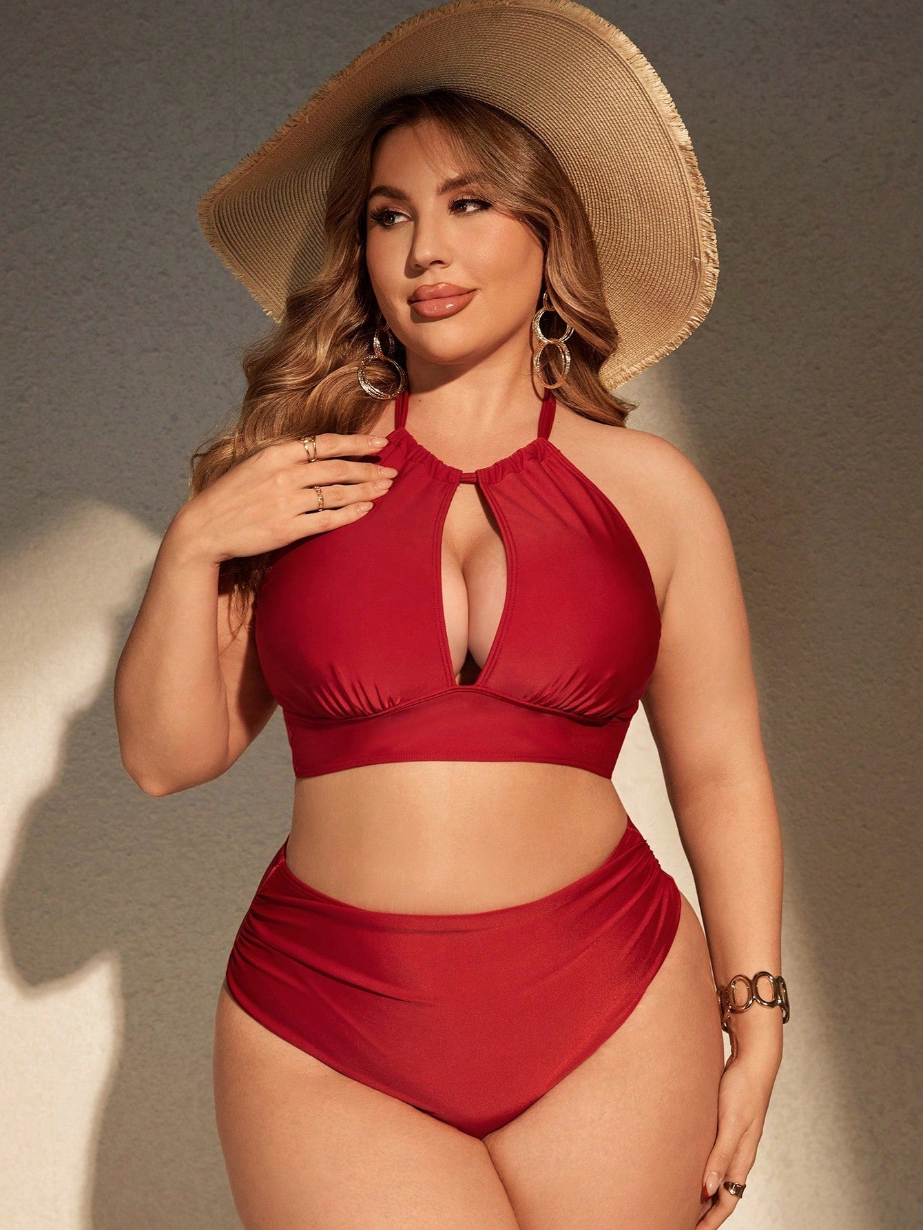 Plus Size Solid Color Ruched Swimsuit Set, High Waisted Two Piece Bikini Swimwear Bathing Suit Beach Outfit Summer Vacation