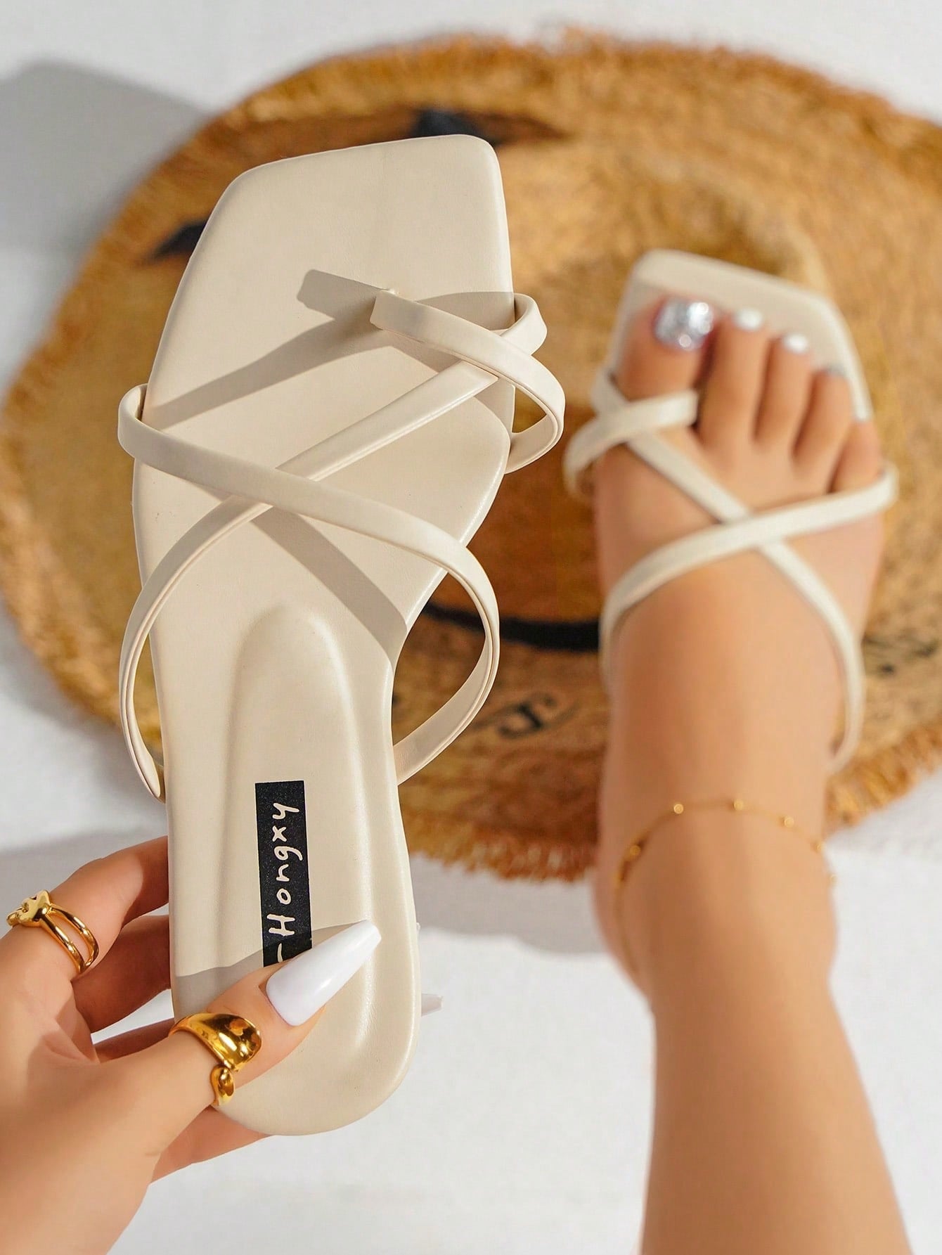 Criss Cross Leather Thong Flat Sandals