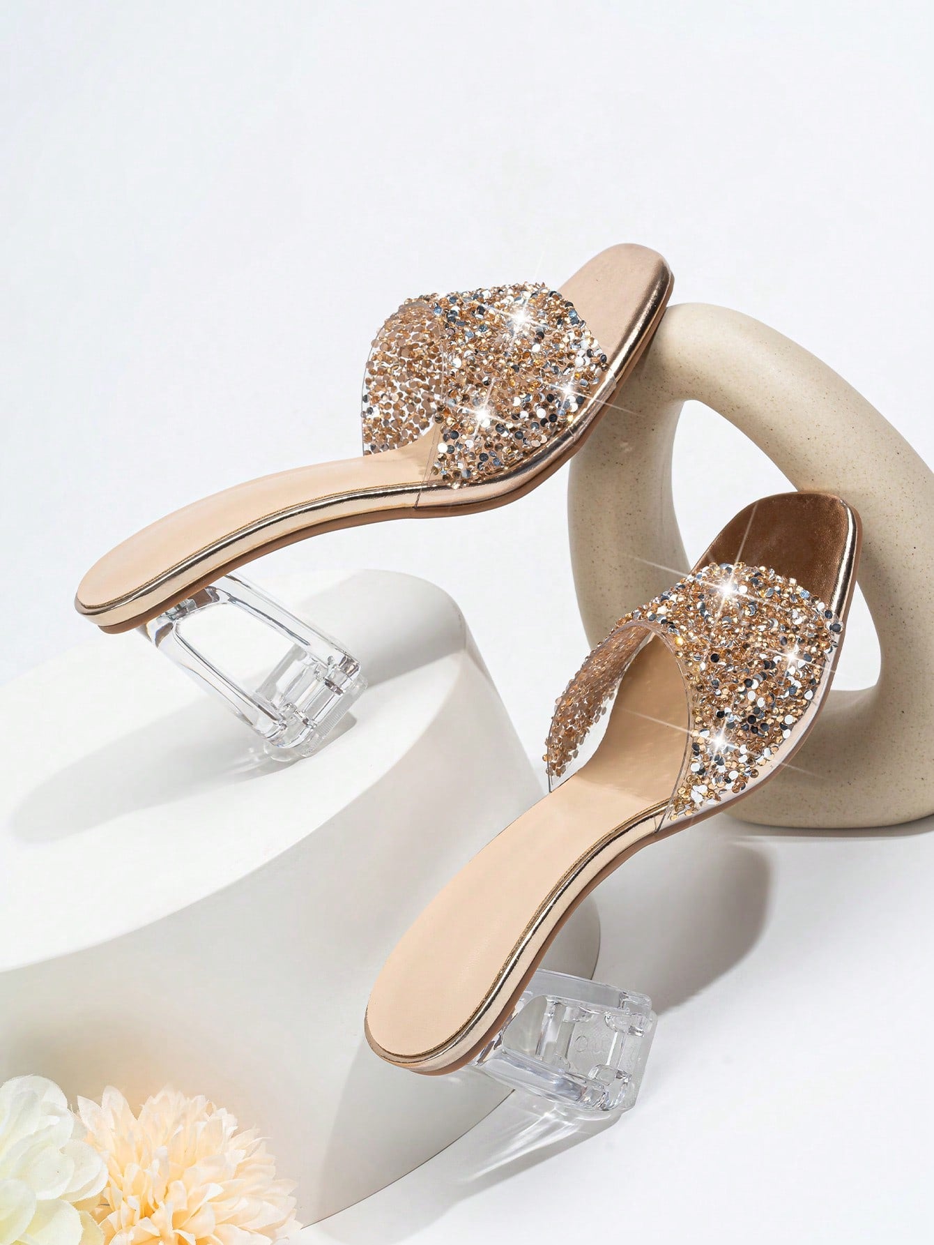 Women Rhinestone Decor Clear Chunky Heeled Mule Sandals, Glamorous Gold Glass Heeled Sandals
