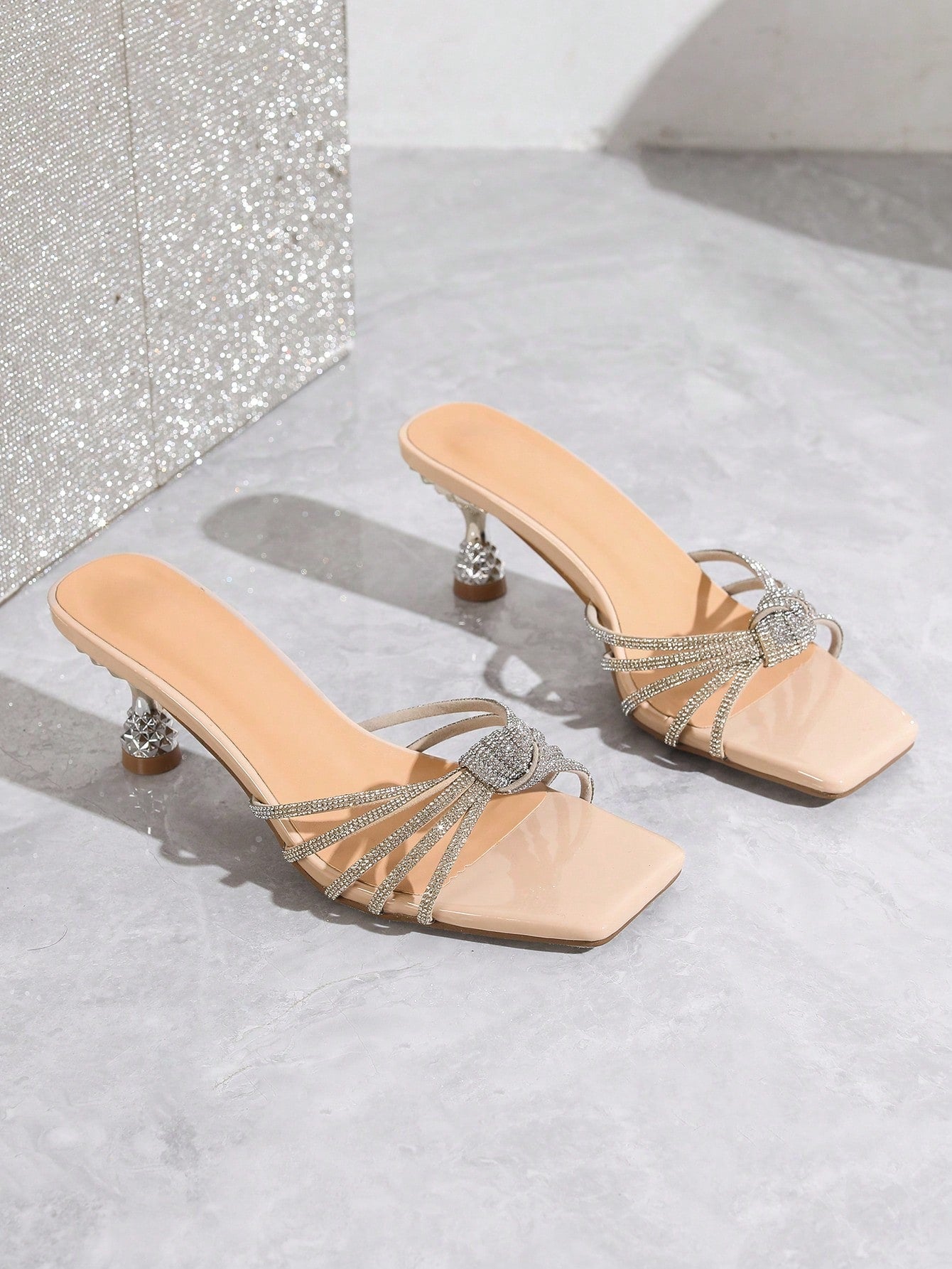 Women Rhinestone & Knot Decor Stiletto Heeled Mule Sandals, Glamorous Party Glass Heeled Sandals