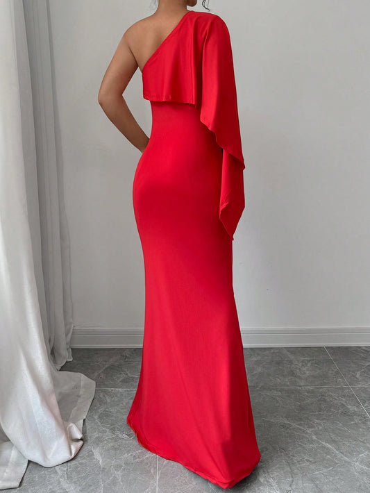 Red Asymmetrical Neck Ruched Waist Elegant Romantic Women's Maxi Dress