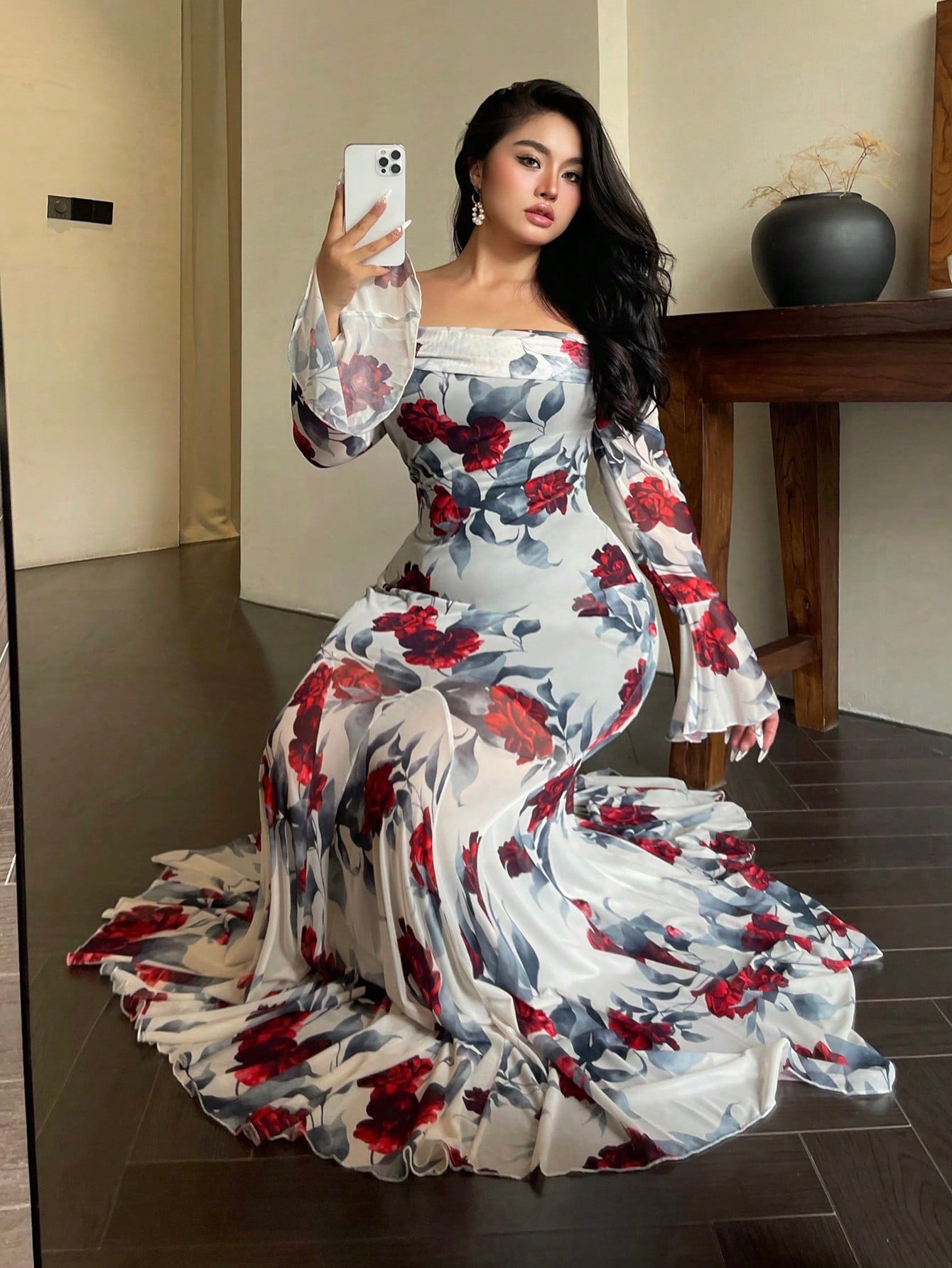 MOD Plus Size French Retro Rose Print Off Shoulder Bodycon Fishtail Dress Maxi Women Outfit
