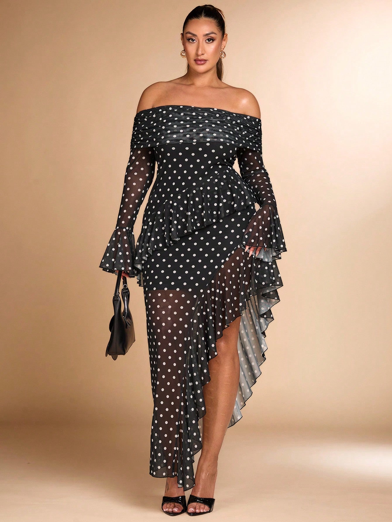 Plus Size Solid Black Mesh Tulle One Shoulder Ruffle High Slit Hem Long Elegant Sexy Dress