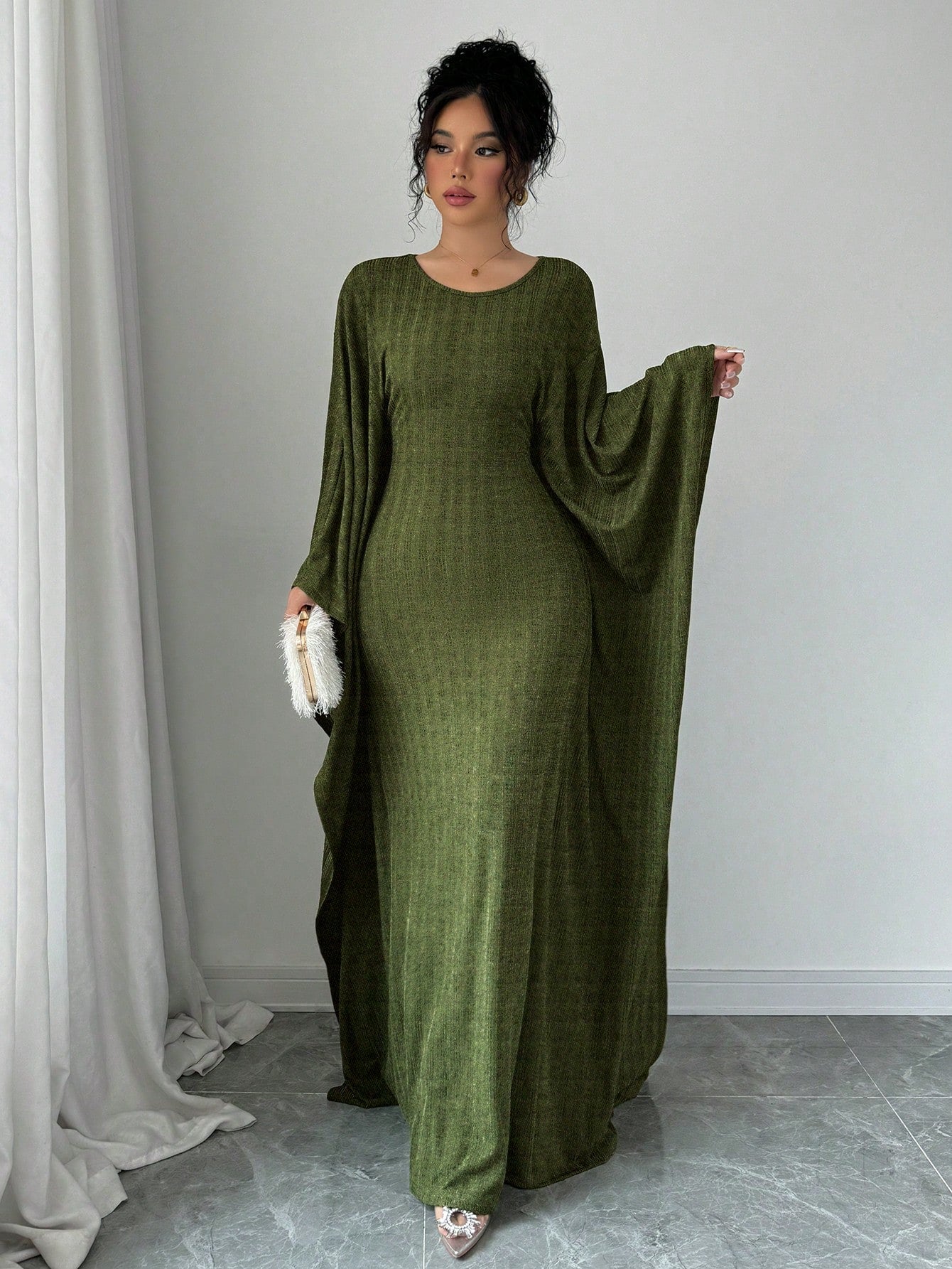 Sexy Pleated Draped Crew Neck Batwing Sleeve Dress