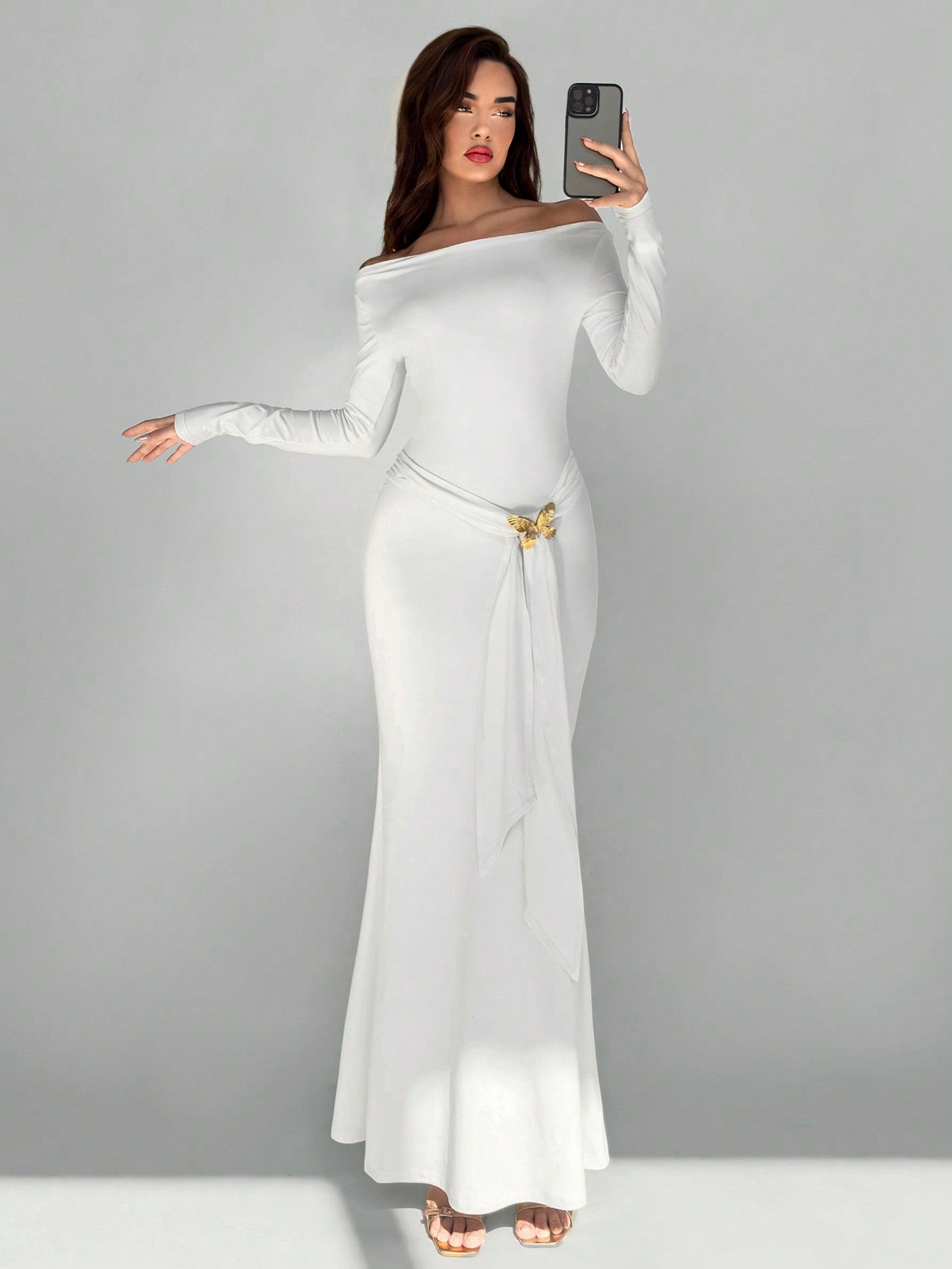 Aloruh Elegant Off Shoulder Metal Bowknot Decor Long Dress For Women