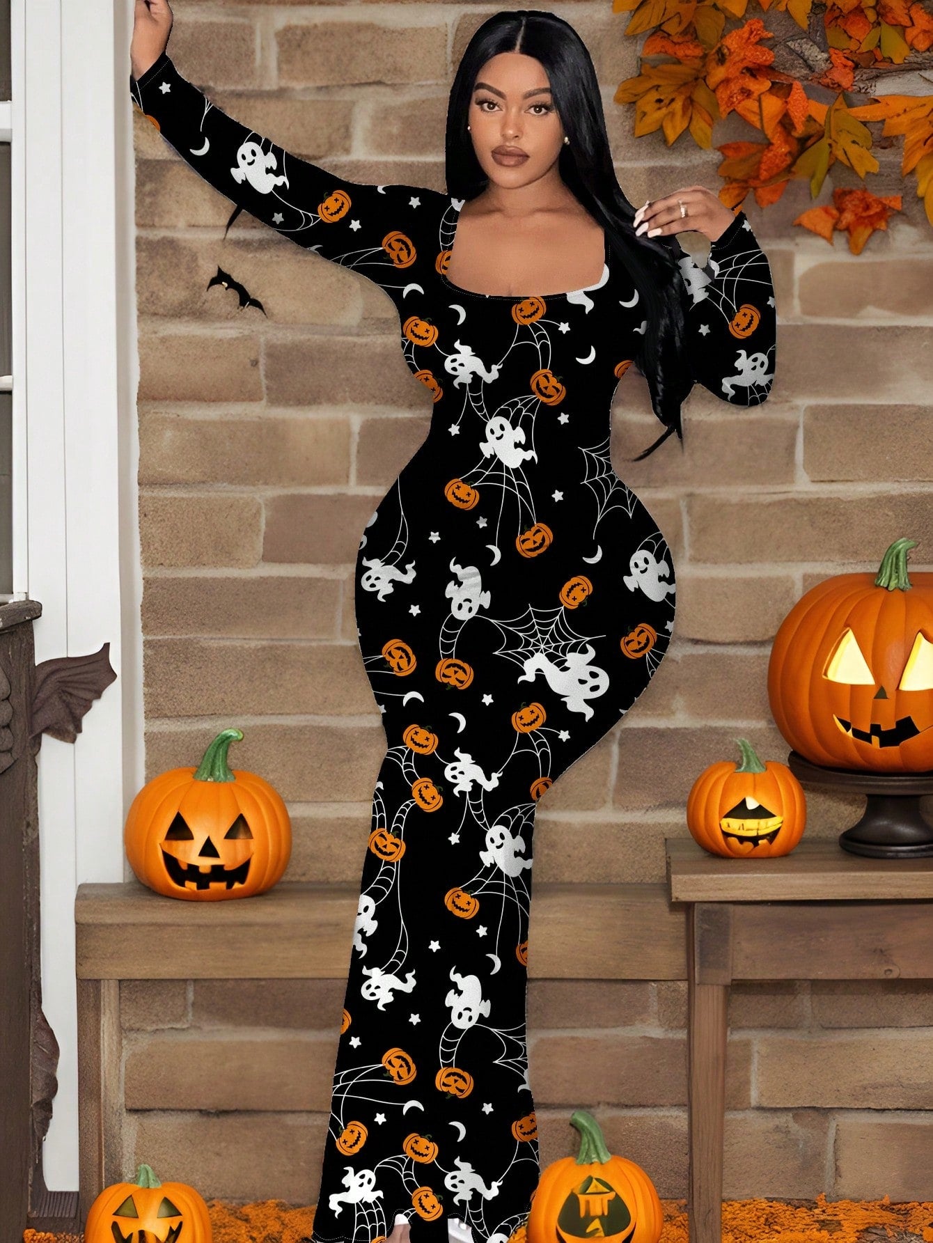 Slayr Square Neck Long Sleeve Printed Dress For Women, Suitable For Autumn/Winter