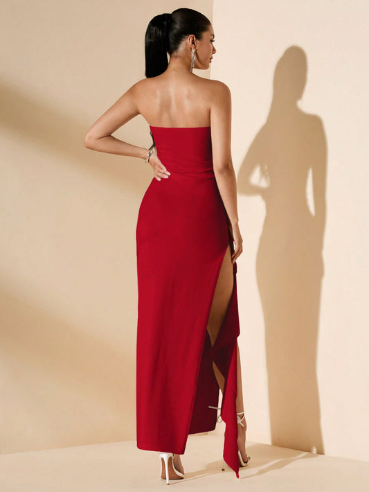 Sexy Sleeveless Ruffled High Slit Tube Dress With Sash