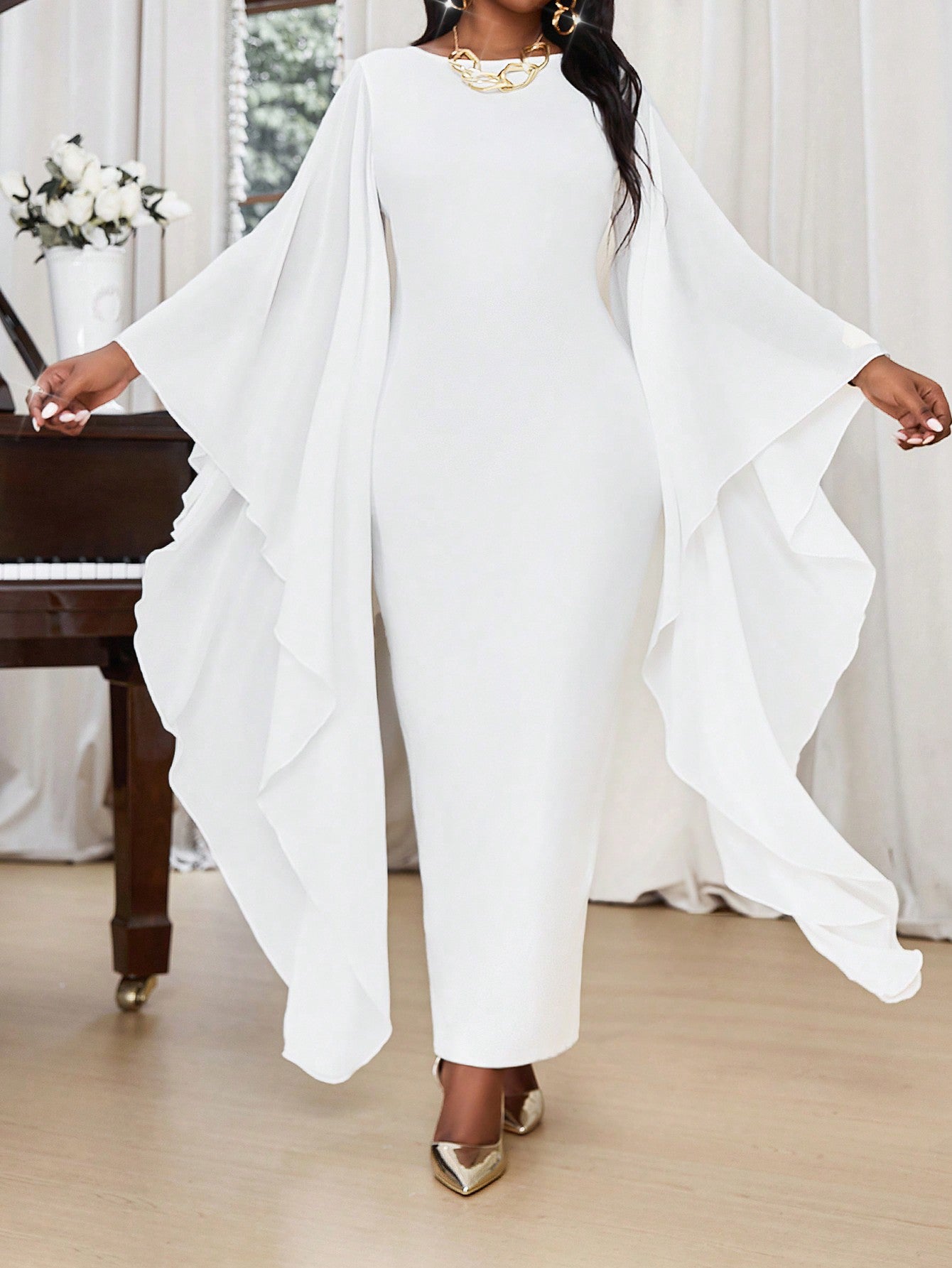 Plus Size Elegant Knitted Chiffon Round Neck Pencil Flowy Cloak Long Sleeves Maxi Dress