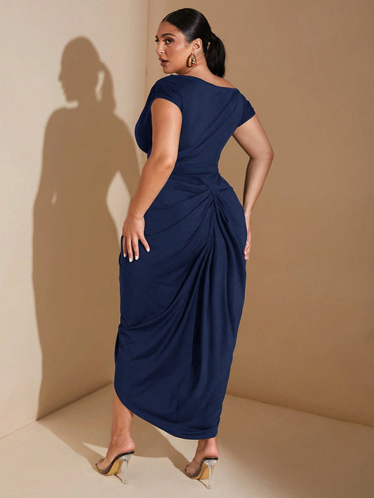 Plus Size Black Stretch Knit Off-Shoulder Draped Dress Asymmetric Hem Slit Midi Dress