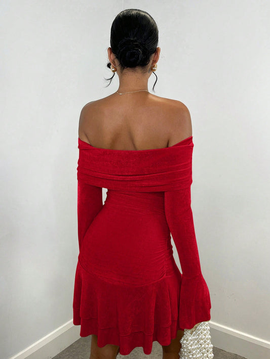 Off Shoulder Flare Sleeve Ruffle Hem Dress