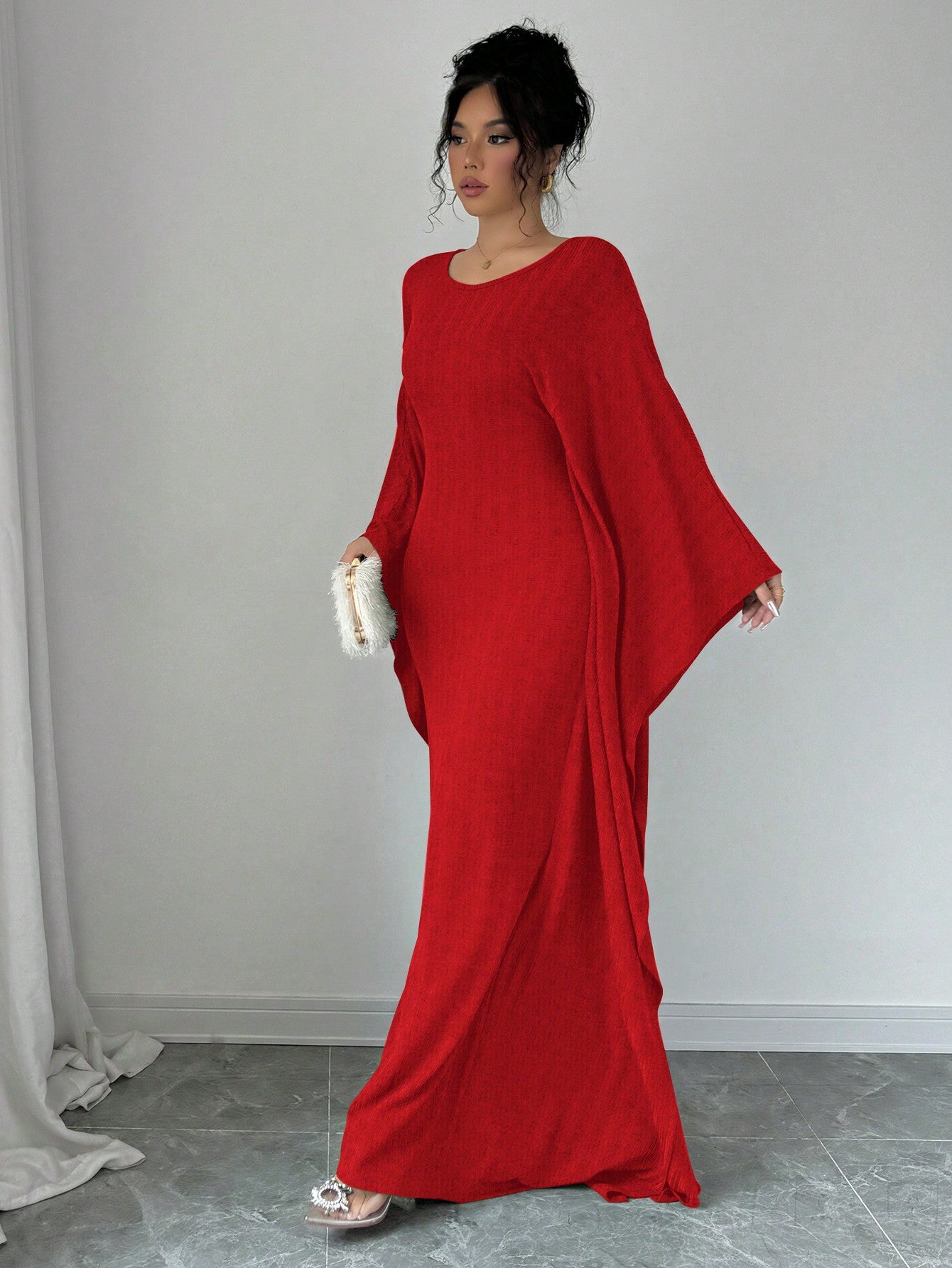 Sexy Pleated Draped Crew Neck Batwing Sleeve Dress