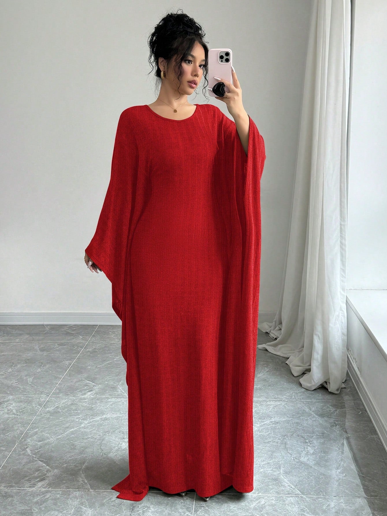 Sexy Pleated Draped Crew Neck Batwing Sleeve Dress