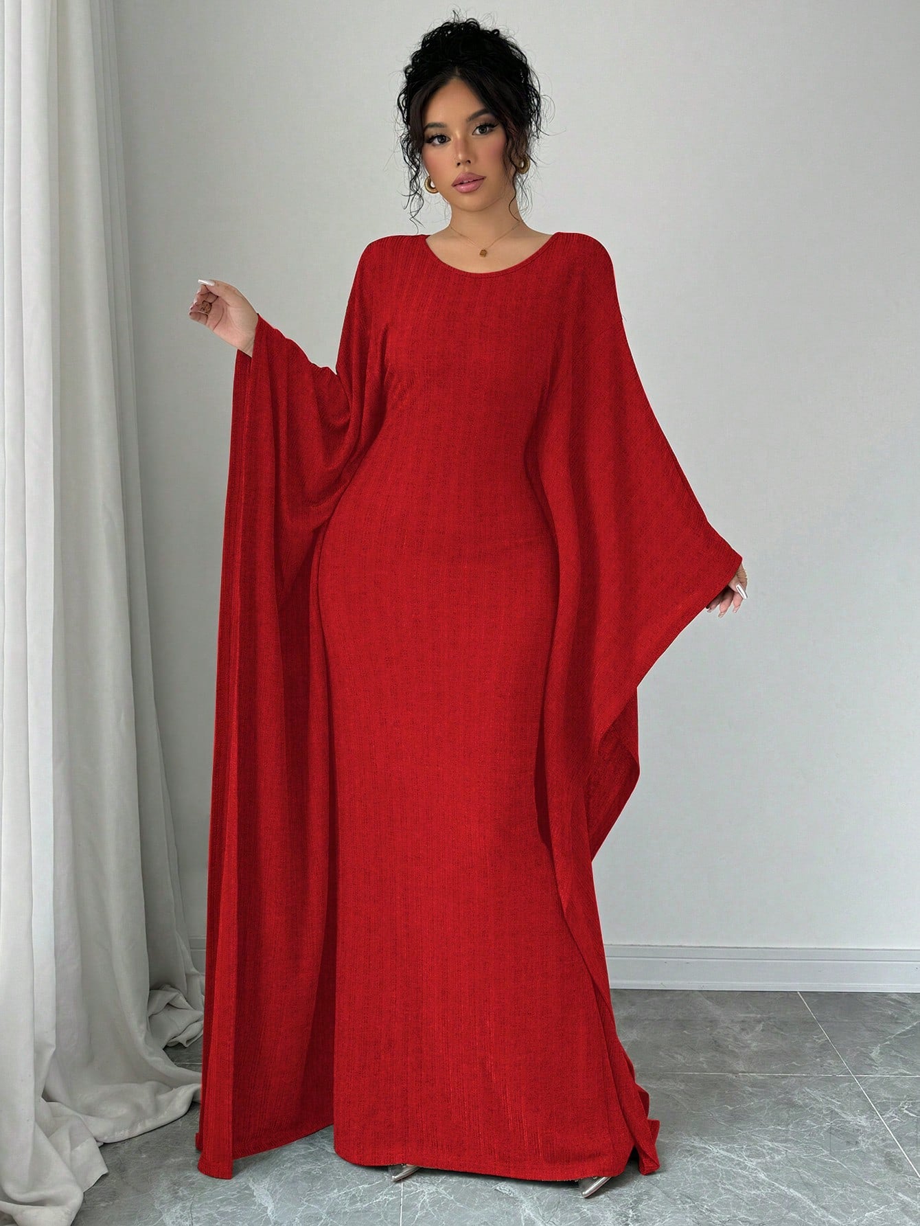 Sexy Pleated Draped Crew Neck Batwing Sleeve Dress