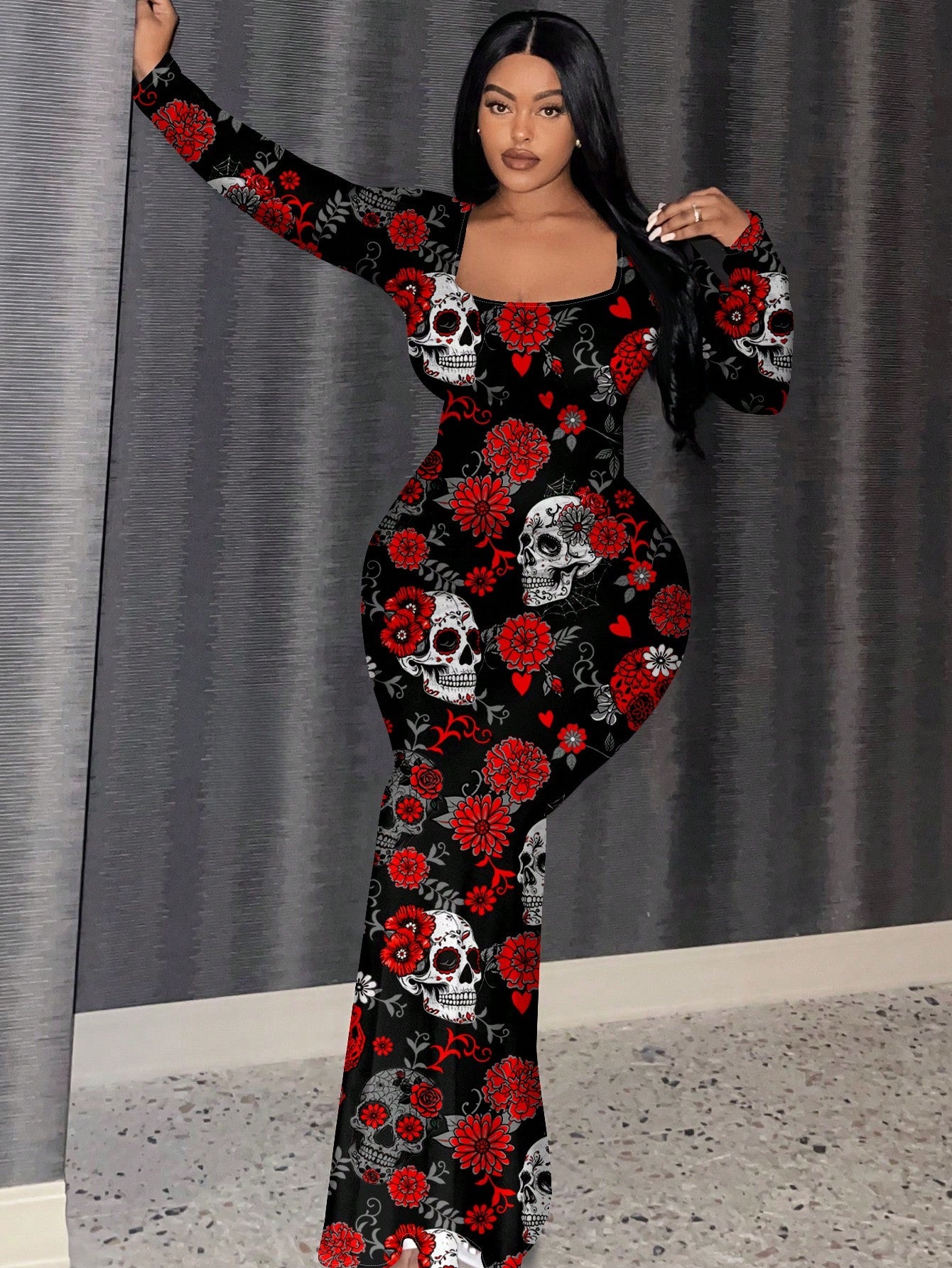 Slayr Square Neck Long Sleeve Printed Dress For Women, Suitable For Autumn/Winter