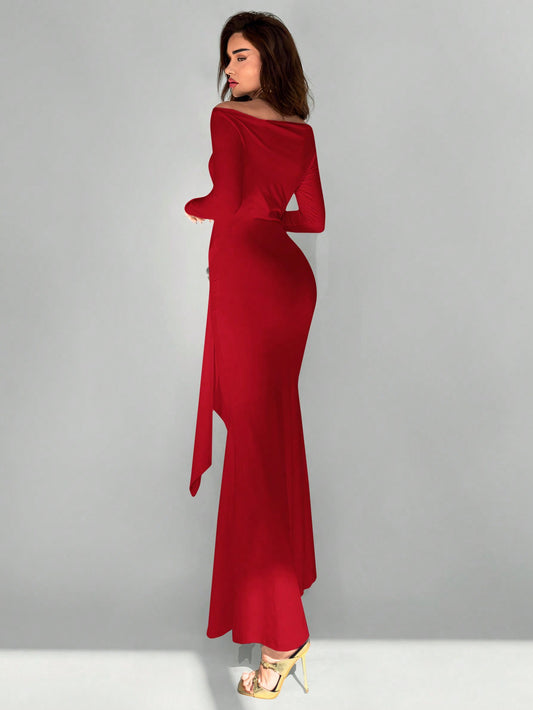 Aloruh Elegant Off Shoulder Metal Bowknot Decor Long Dress For Women