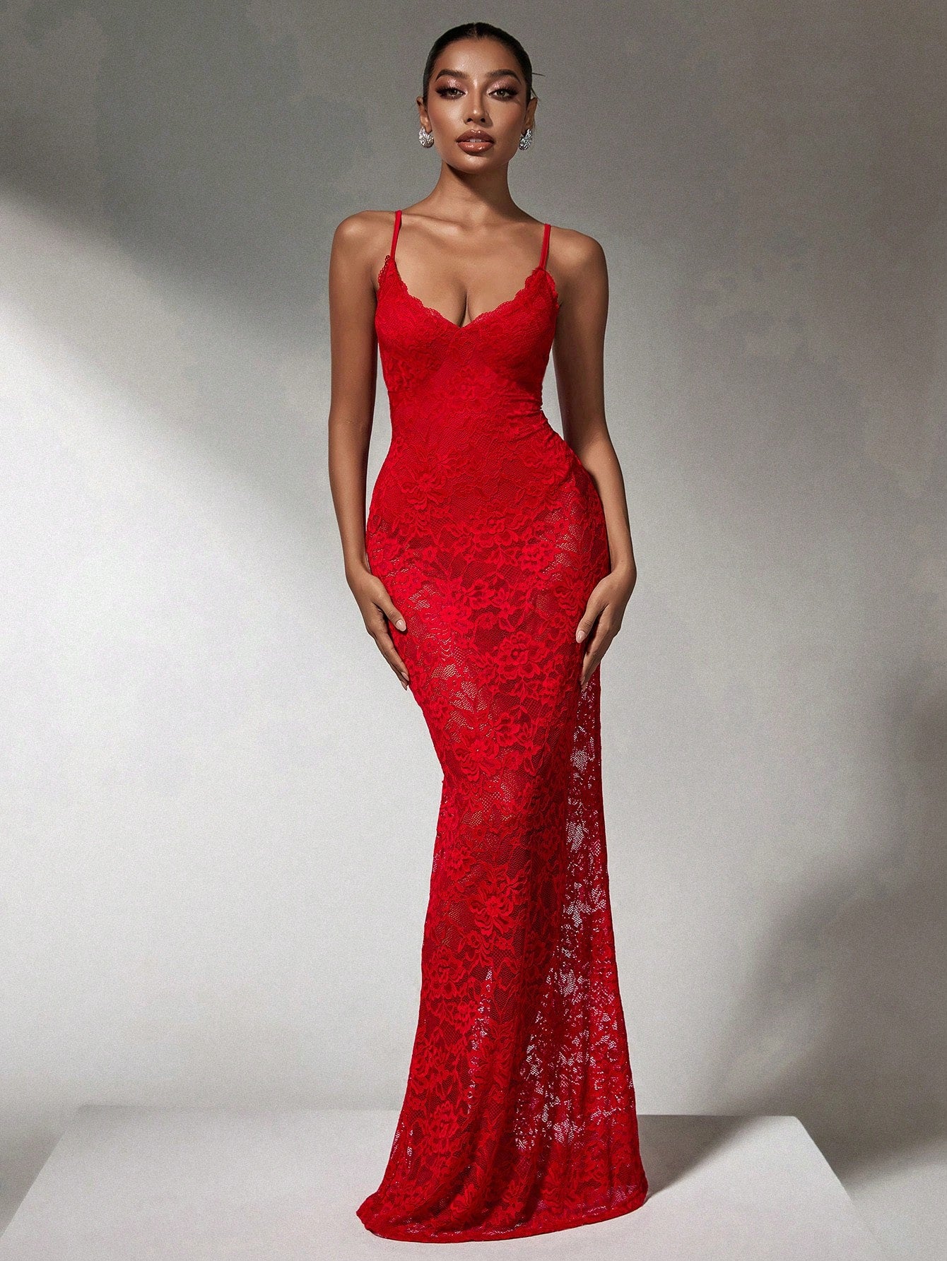 red lace cami dress SHEIN Tall Red Date Night Long Dress Ruched Bust Lace Up Side Cami Dress, Tall Women