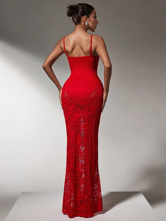 Elegant Red Lace Cami Dress