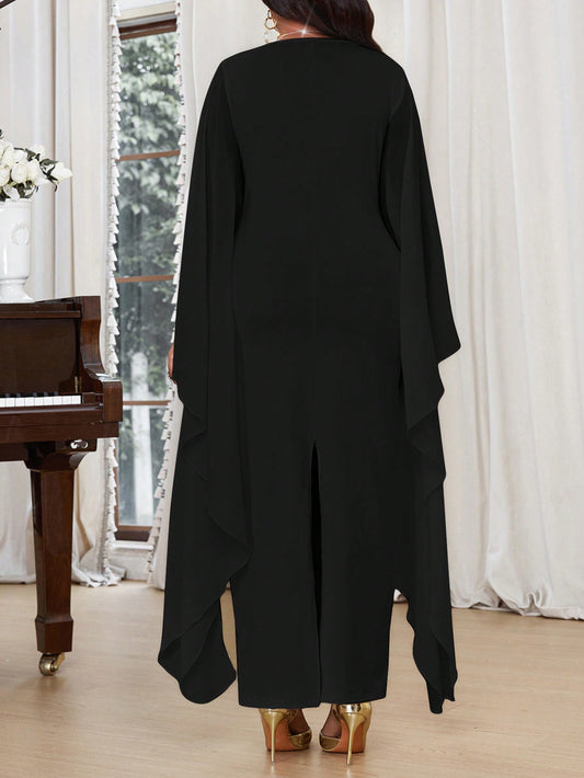 Plus Size Elegant Knitted Chiffon Round Neck Pencil Flowy Cloak Long Sleeves Maxi Dress