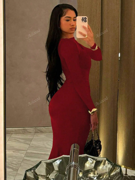 Round Neck Long Sleeve Ruched Bodycon Dress