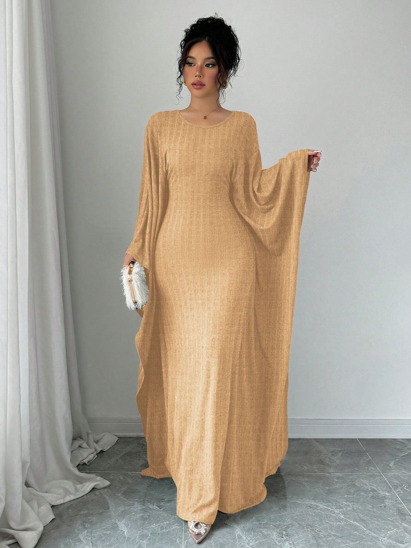 Sexy Pleated Draped Crew Neck Batwing Sleeve Dress