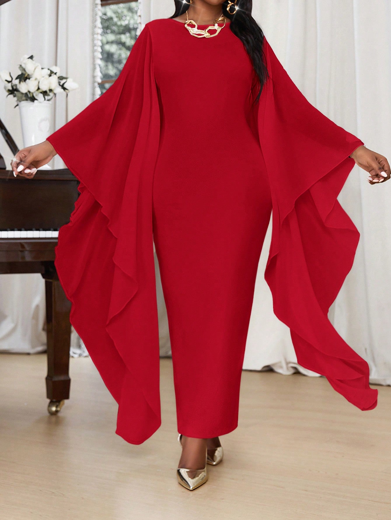 Plus Size Elegant Knitted Chiffon Round Neck Pencil Flowy Cloak Long Sleeves Maxi Dress