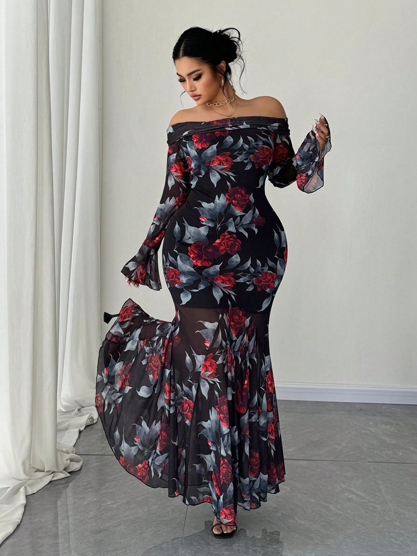 MOD Plus Size French Retro Rose Print Off Shoulder Bodycon Fishtail Dress Maxi Women Outfit