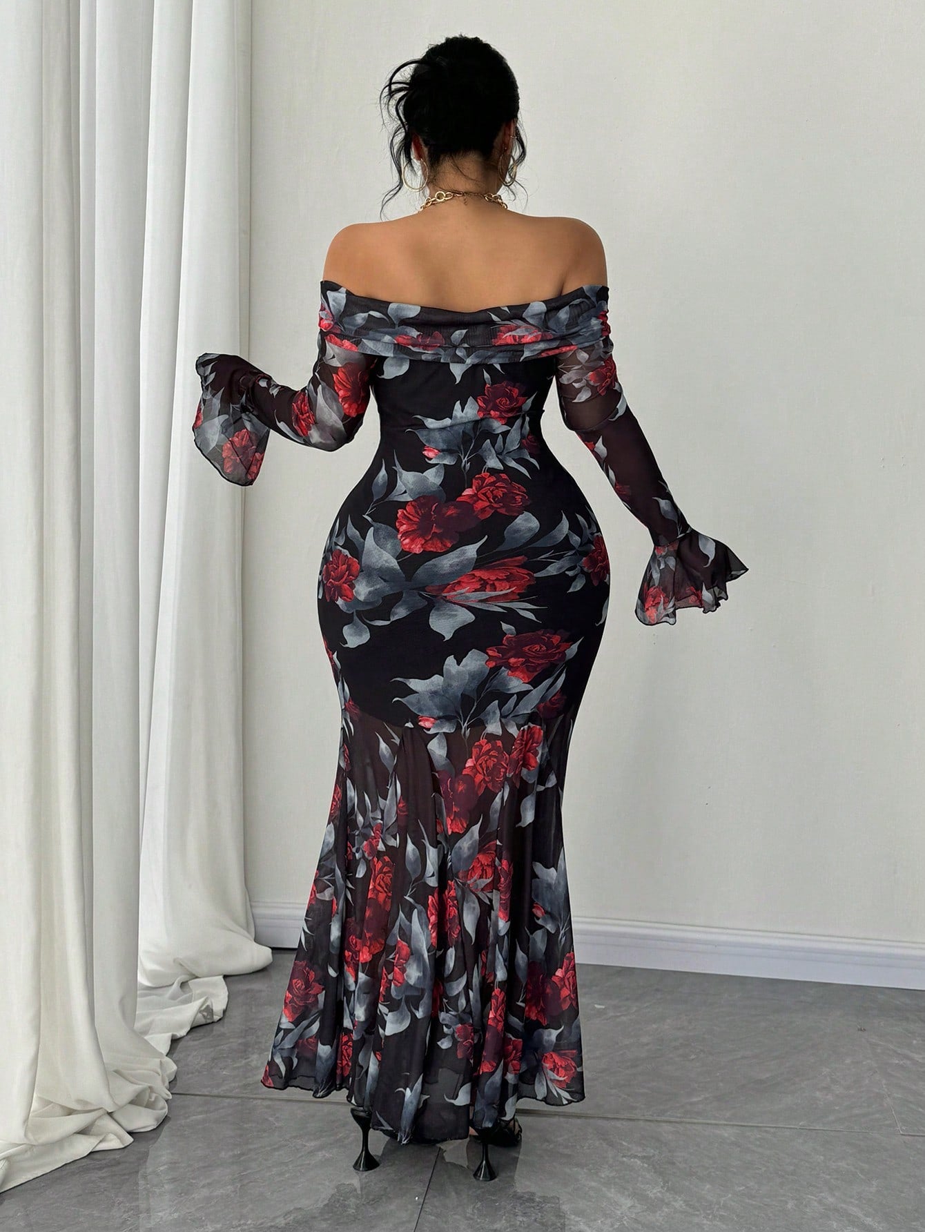 MOD Plus Size French Retro Rose Print Off Shoulder Bodycon Fishtail Dress Maxi Women Outfit
